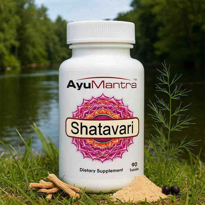 AyuMantra Shatavari dietary supplement bottle with natural elements in the background