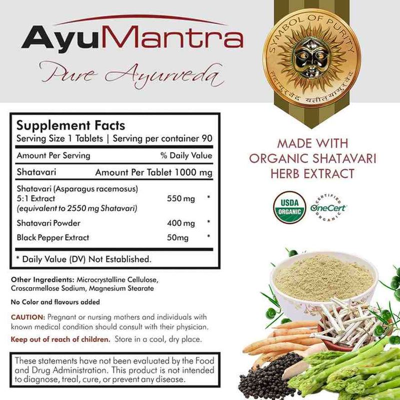 AyuMantra Pure Ayurveda supplement facts label with ingredients and branding elements.