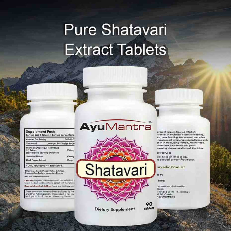 AyuMantra Shatavari dietary supplement bottles with mountainous background