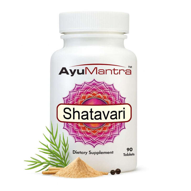 AyuMantra Shatavari dietary supplement bottle with herbs and powder on a white background