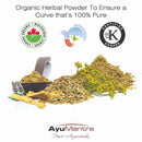Organic herbal powder with certification logos and AyuMantra branding on a white background