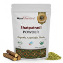 AyuMantra Shatpatradi Powder packaging with organic certification logos on a white background.