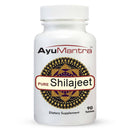 Front view of AyuMantra Shilajit pills bottle on white background, clean product packshot