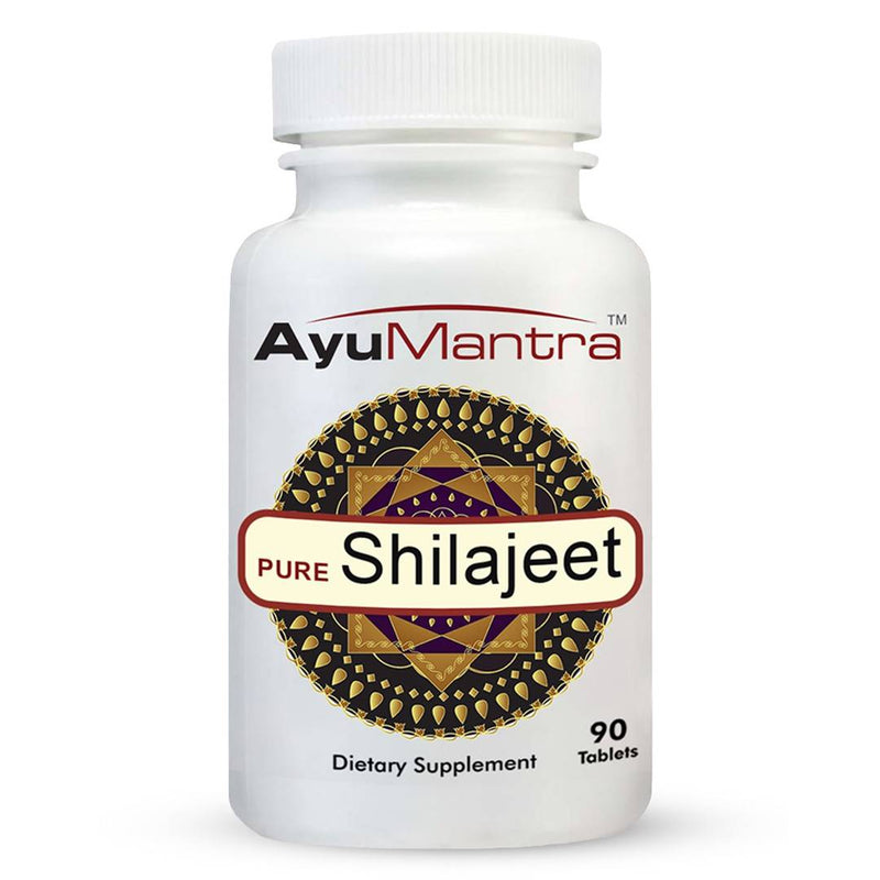 Front view of AyuMantra Shilajit pills bottle on white background, clean product packshot