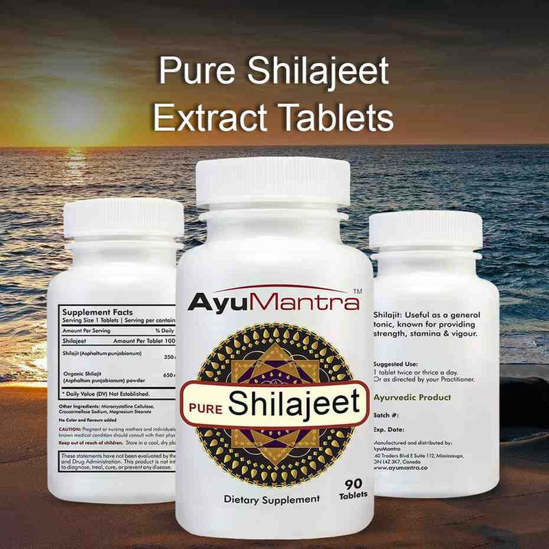 AyuMantra Shilajit pills extract tablets shown front and back with readable supplement facts label