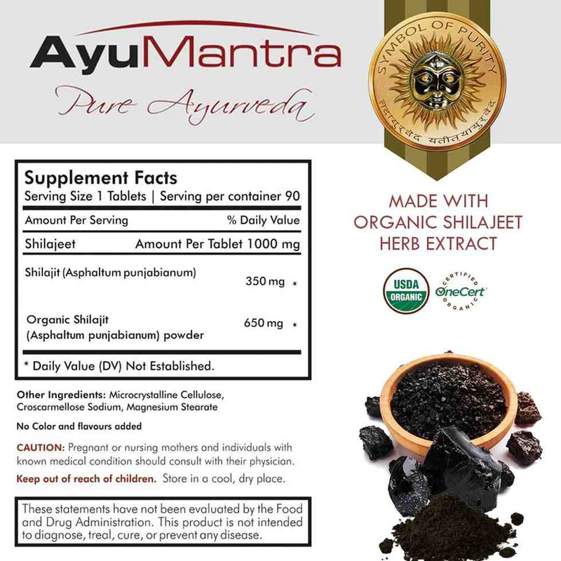 Supplement facts label for AyuMantra Shilajit pills with organic herb extract and dosage information