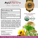 AyuMantra Shirodhara Oil packaging with ingredients list, organic certification logos, and product images.