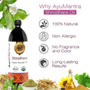 AyuMantra Shirodhara Oil packaging with natural ingredients and product benefits on a white background.