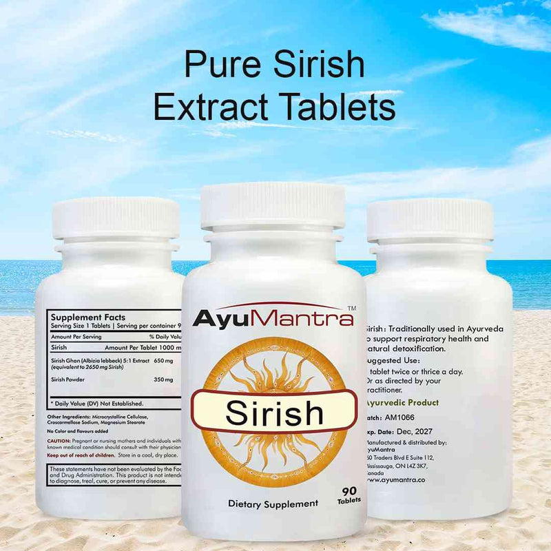 AyuMantra Sirish tablets front and back bottles shown as a pure extract supplement.