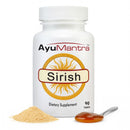 AyuMantra Sirish tablets bottle with yellow herb powder and a spoon of liquid extract.