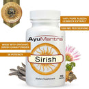 AyuMantra Sirish tablets bottle with organic Sirish ghan powder and potency badges.