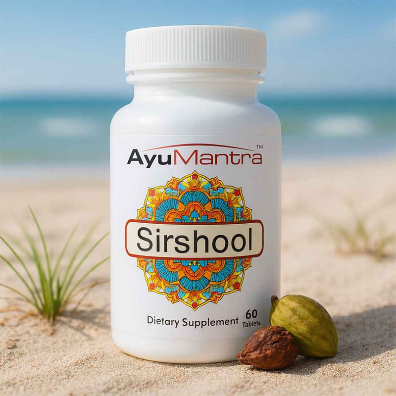 AyuMantra Sirshool Tablets bottle on sandy beach with herbs, Ayurvedic Sirshool Tablets for head comfort.