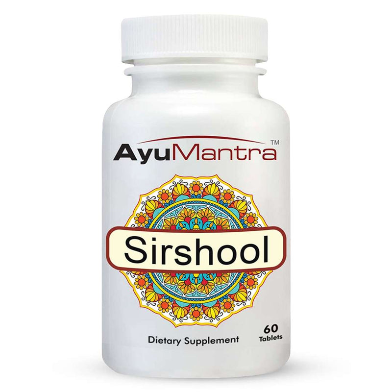 Front label of AyuMantra Sirshool Tablets dietary supplement bottle on white background.