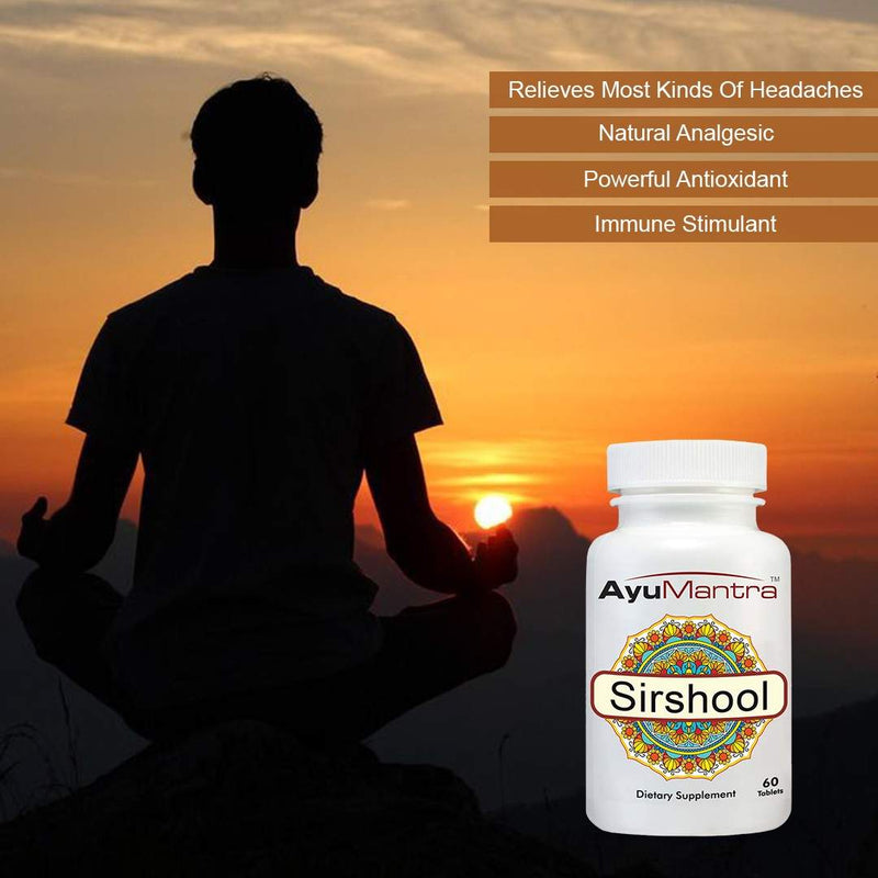 Lifestyle scene with meditating person at sunset and AyuMantra Sirshool Tablets bottle in foreground.