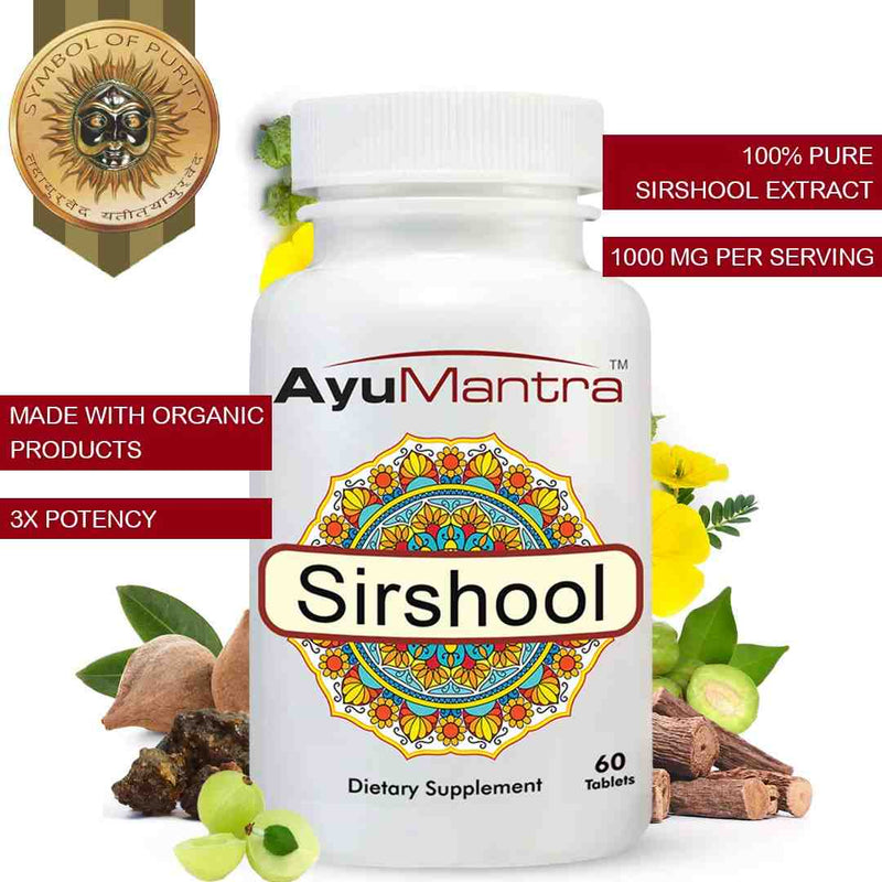 Close-up of AyuMantra Sirshool Tablets bottle with organic multi-herb extract ingredients around it.