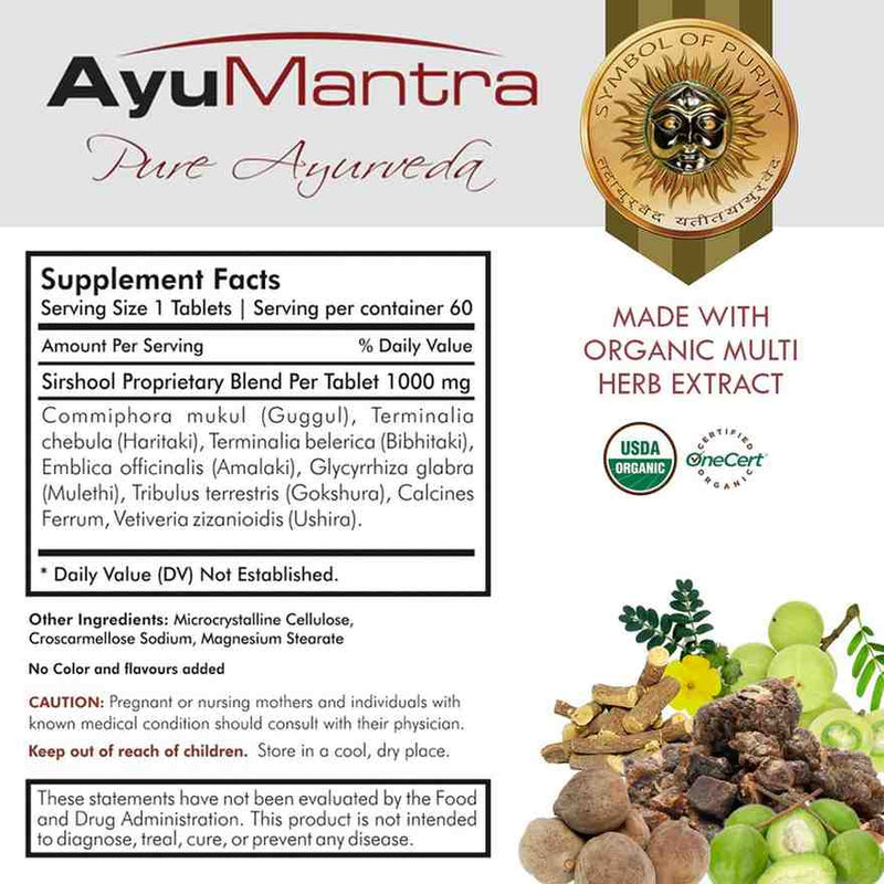 Supplement facts panel for AyuMantra Sirshool Tablets highlighting organic multi-herb formula.