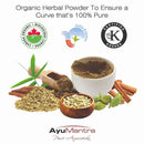 Organic herbal powder with AyuMantra branding and certification logos on a white background