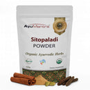 AyuMantra Sitopaladi Powder packaging with organic certification logos on a white background