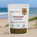 AyuMantra Sitopaladi Powder packaging on a beach background