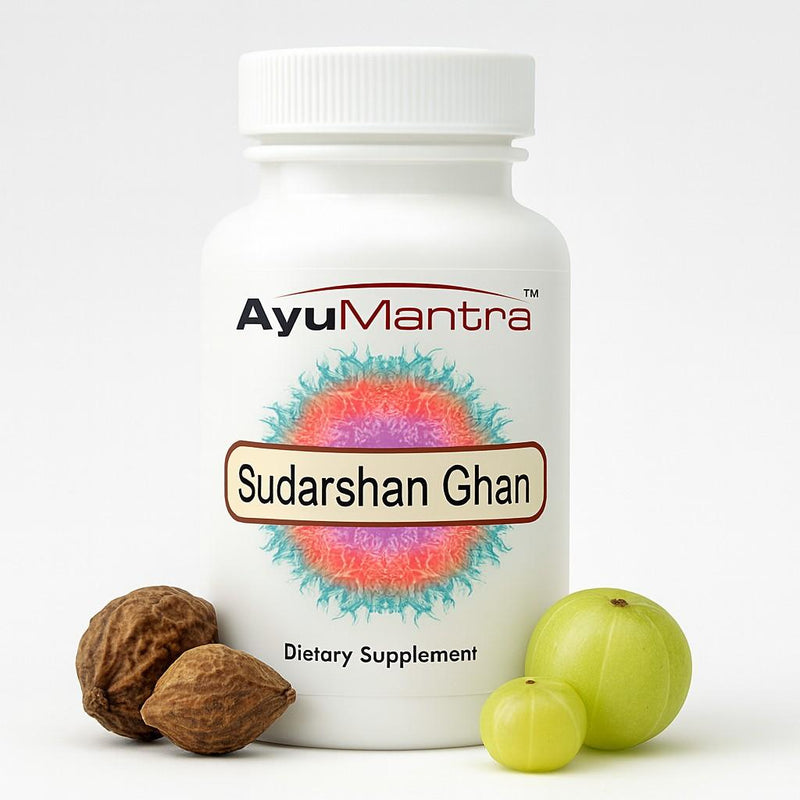 AyuMantra Sudarshan Ghan Vati tablets bottle with amla and haritaki fruits on a white background.