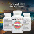 AyuMantra Sudarshan Ghan Vati tablets bottles with pure multi herb extract text by the seaside.