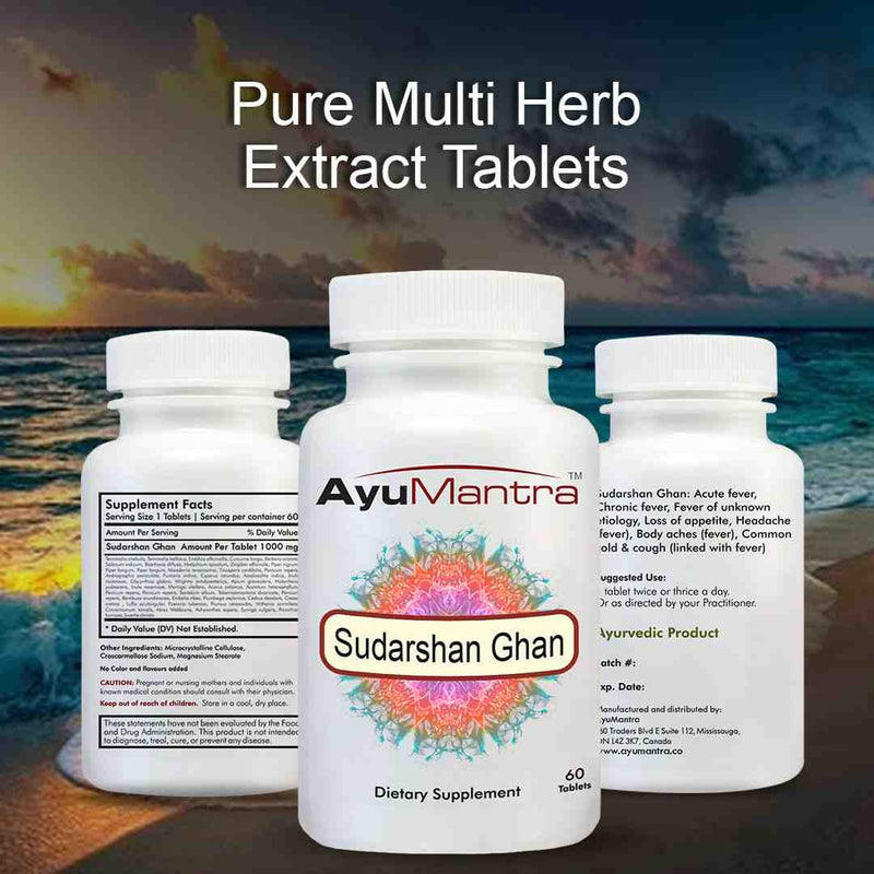 AyuMantra Sudarshan Ghan Vati tablets bottles with pure multi herb extract text by the seaside.