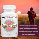 AyuMantra Sudarshan Ghan Vati tablets bottle beside a person at sunset with fever and fatigue text.