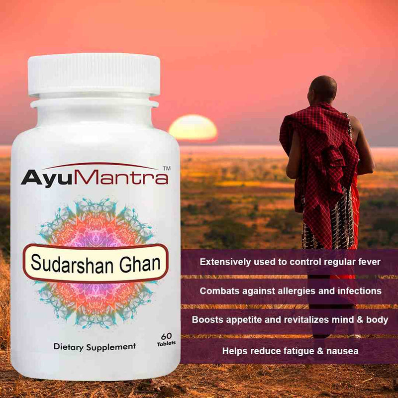 AyuMantra Sudarshan Ghan Vati tablets bottle beside a person at sunset with fever and fatigue text.
