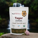 AyuMantra Tagar Powder packaging with a natural background
