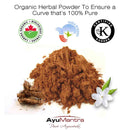 Organic herbal powder with AyuMantra branding and certification logos on a white background