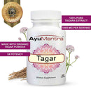Ayumantra Tagar tablets bottle with organic Tagar extract benefits and roots displayed around it.