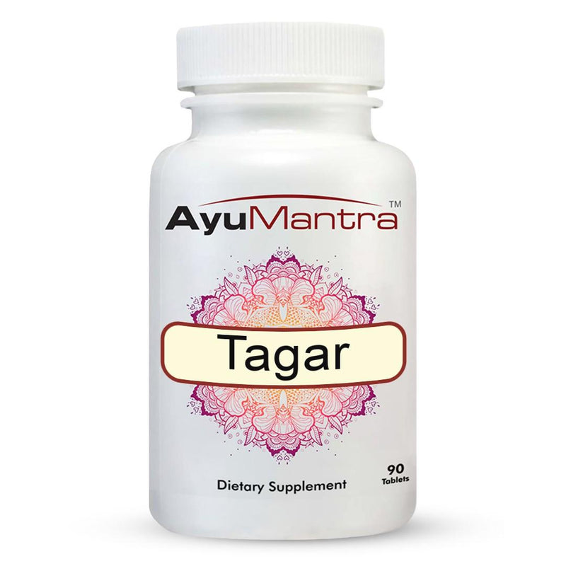 Front label packshot of Ayumantra Tagar tablets dietary supplement bottle.