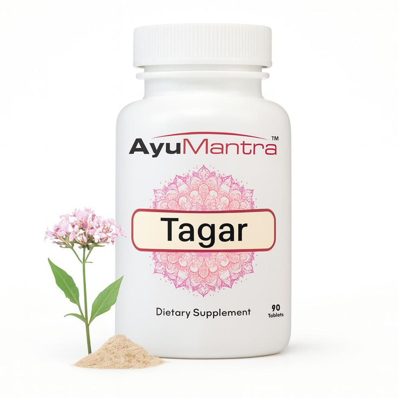 Ayumantra Tagar tablets bottle on a white background with flowering Tagar herb and powder.