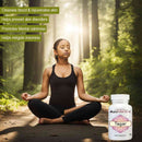 Ayumantra Tagar tablets pack beside a meditating woman in a forest, suggesting calm and rest.