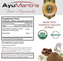 Supplement facts label for Ayumantra Tagar tablets with Tagar extract, powder, and herbs.