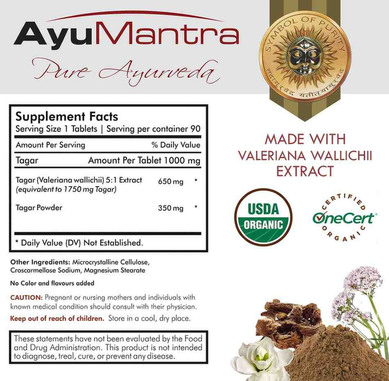 Supplement facts label for Ayumantra Tagar tablets with Tagar extract, powder, and herbs.