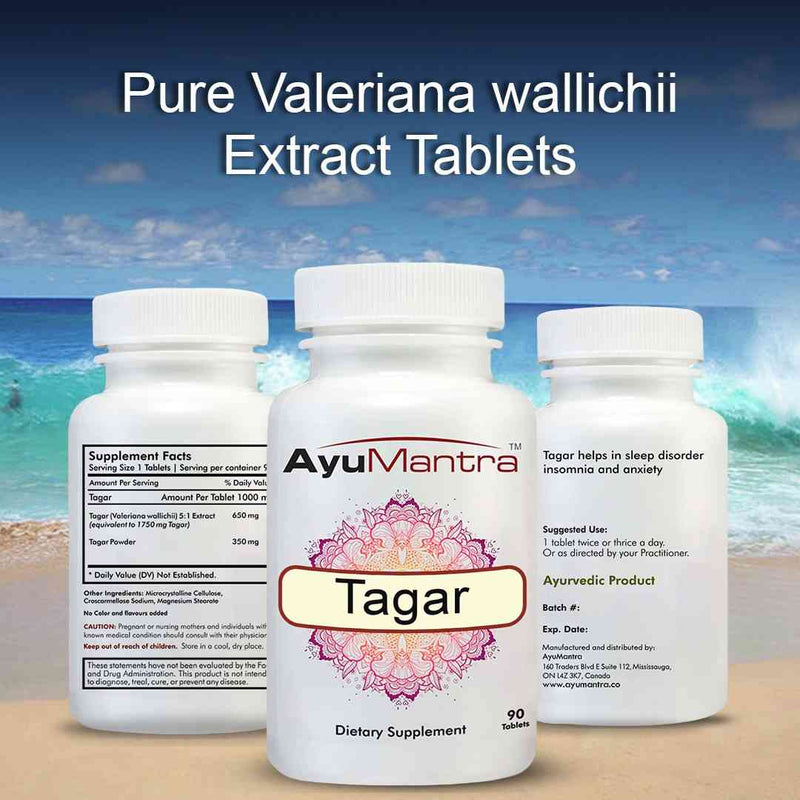 Three Ayumantra Tagar tablets bottles on a beach showing extract tablets and supplement facts.