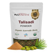 AyuMantra Talisadi Powder packaging with herbs on a white background