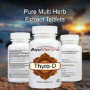 Three AyuMantra Thyro-D tablets bottles highlighting pure multi herb extract tablets.