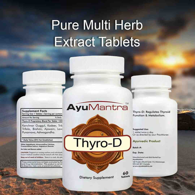 Three AyuMantra Thyro-D tablets bottles highlighting pure multi herb extract tablets.