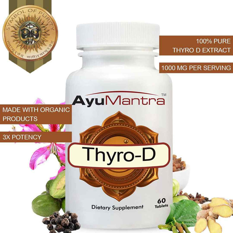 AyuMantra Thyro-D tablets bottle with badge and assorted organic herbs around the base.