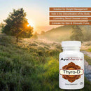 AyuMantra Thyro-D tablets bottle in a green field at sunrise with key benefits listed beside it