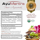 AyuMantra Thyro-D tablets supplement facts label with organic multi herb extract ingredients.