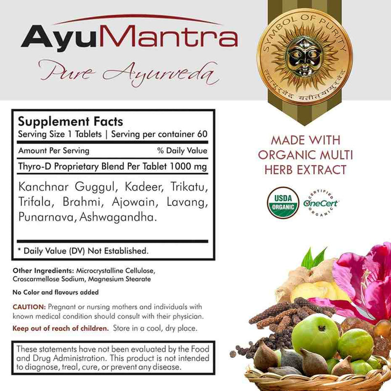 AyuMantra Thyro-D tablets supplement facts label with organic multi herb extract ingredients.