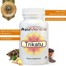 AyuMantra Trikatu tablets bottle with ginger, long pepper and black pepper, promoting 1000 mg extract.