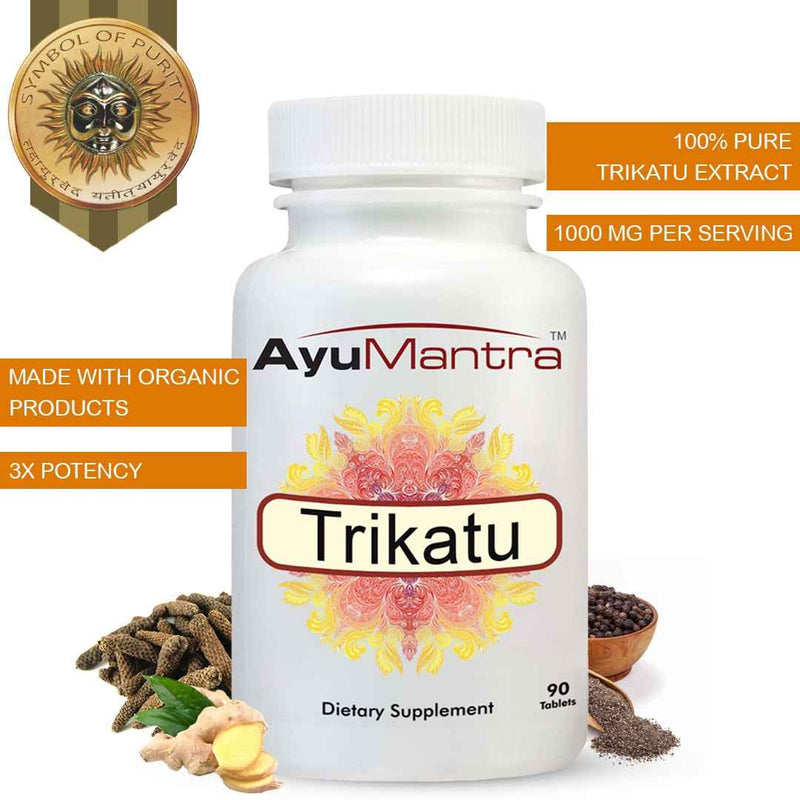 AyuMantra Trikatu tablets bottle with ginger, long pepper and black pepper, promoting 1000 mg extract.