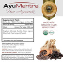 AyuMantra Trikatu tablets supplement facts label with organic multi herb extract ingredients shown.