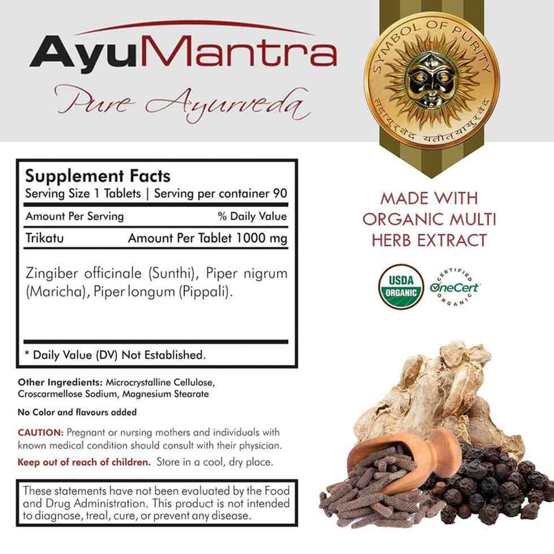 AyuMantra Trikatu tablets supplement facts label with organic multi herb extract ingredients shown.