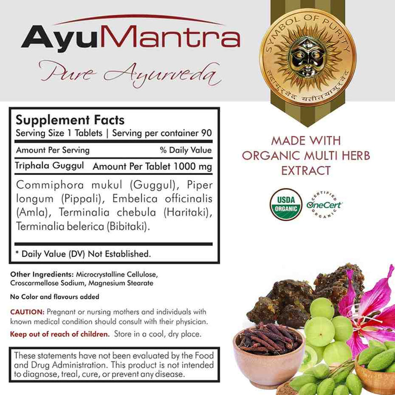 Supplement facts label for AyuMantra Triphala Guggul tablets with organic herb extract images at the side.