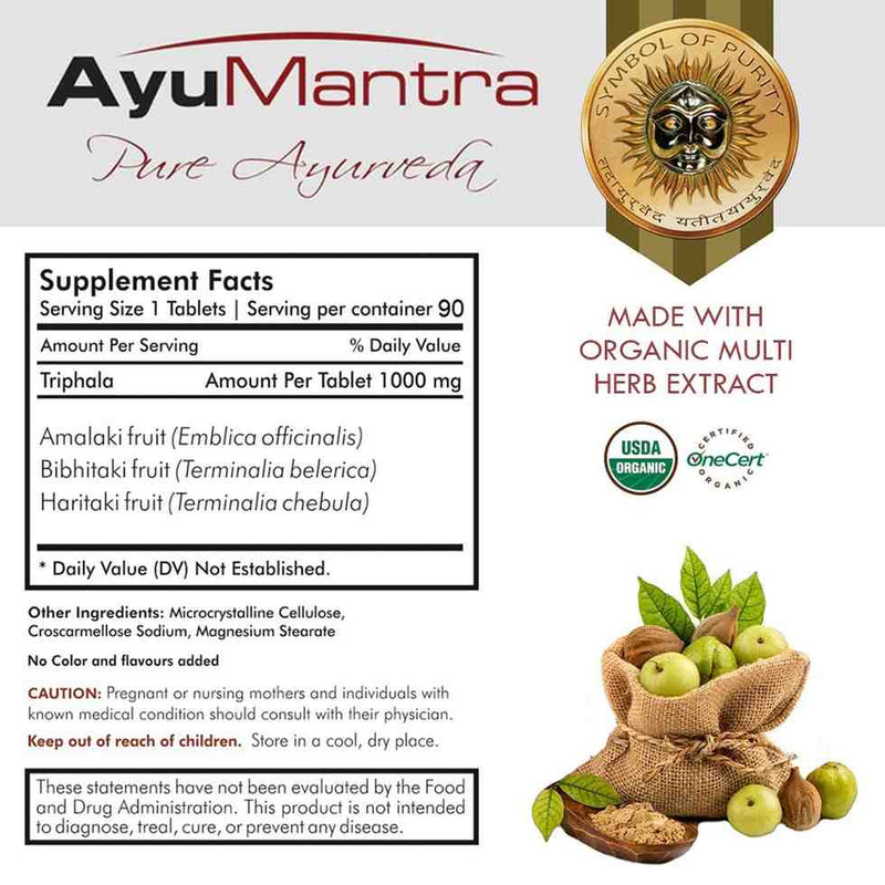 AyuMantra Triphala tablets supplement facts panel with organic multi herb extract ingredients.